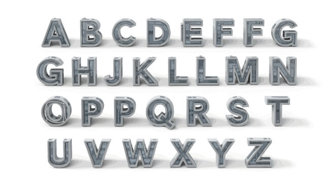 3D rendered alphabet letters in a metallic, industrial style, isolated on white background.