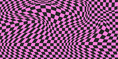 Black and pink distorted checkerboard background. Retro emo psychedelic checkered wallpaper. Wavy groovy chessboard surface. Trippy twisted geometric pattern. Abstract vector Ilustration