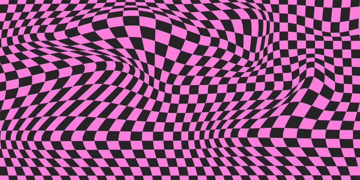 Black and pink distorted checkerboard background. Retro emo psychedelic checkered wallpaper. Wavy groovy chessboard surface. Trippy twisted geometric pattern. Abstract vector Ilustration