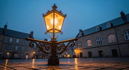 A vintage street lamp with a glowing light, standing in a courtyard with stone buildings in the background, illuminated by raindrops on the ground.