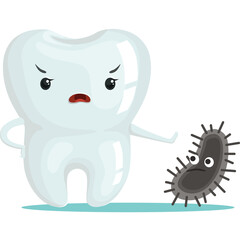 Cartoon Tooth Character Looks Angry at a Small Black Germ with Spikes on a Transparent Background