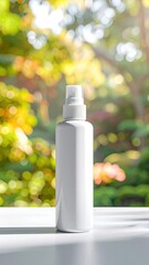 White bottle with spray top; garden background