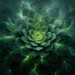 The vibrant conceptual art depicts a growing succulent plant, with bright green energy bursting from its center, symbolizing life, growth, and rebirth in a digital painting style.