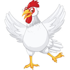Cartoon White Chicken Standing on One Leg with Wings Spread Open and Red Comb on Head Isolated on Transparent Background
