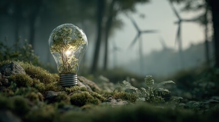 Sustainable Energy Concept: Light Bulb with Tree Inside on Mossy Ground with Wind Turbines in Background, Illustrating Green Energy, Renewable Resources