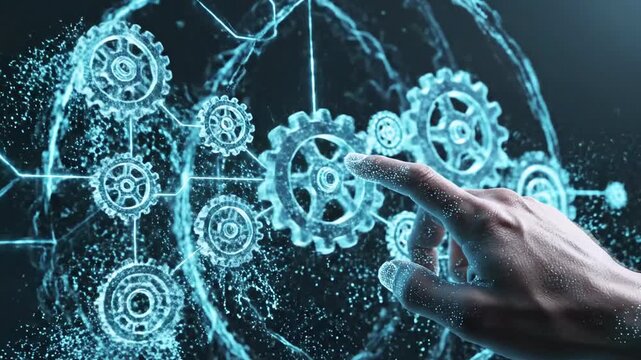 A hand interacts with glowing, translucent gears floating in space, connected by lines and particles