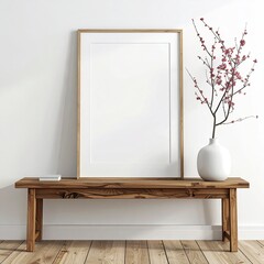 Blank framed print above wood bench, vase with red blooms