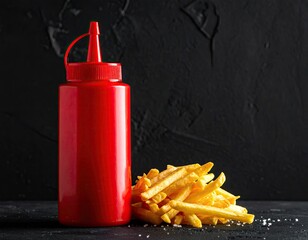 Red ketchup and golden fries against a dark backdrop