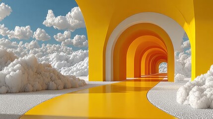 Surreal yellow arched tunnel leading to sky with fluffy clouds abstract dreamscape scene