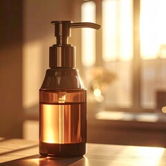 Bottle with dispenser, amber liquid, sunny window behind