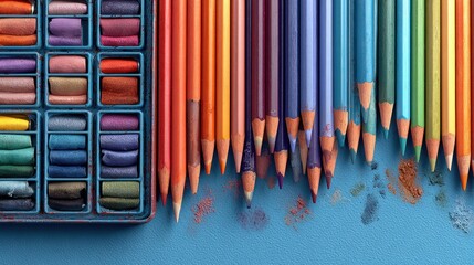 Vibrant Colored Pencils and Pastel Set Arranged in a Spectrum on Blue Background, Top-Down View of Art Supplies for Drawing, Sketching, and Creative Projects, Perfect for Artists and Designers