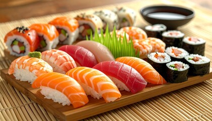 Assorted sushi platter with fresh seafood Japanese cuisine on bamboo mat, and top view.