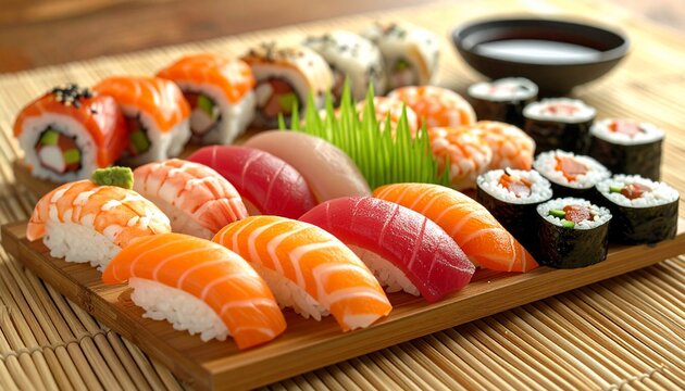 Assorted sushi platter with fresh seafood Japanese cuisine on bamboo mat, and top view.