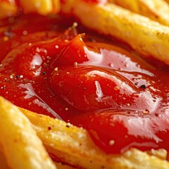 Fries topped w/ shiny red ketchup and ground pepper