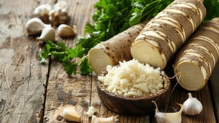 Fresh yams and grated cheese with parsley on rustic table