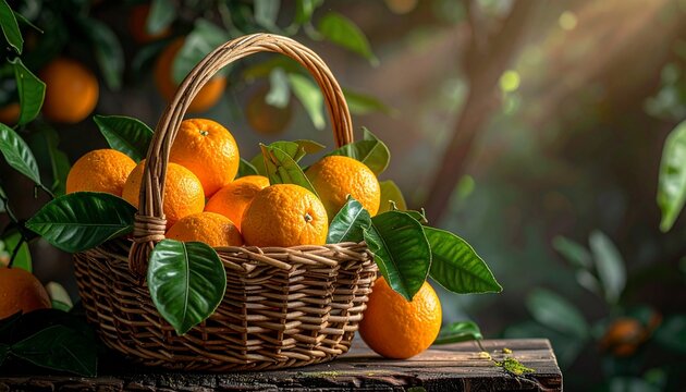 Basket of Juicy Oranges in a Sunny Orchard with Fresh Fruit Harvest.