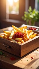 Fries and ketchup in wooden tray, sunlit