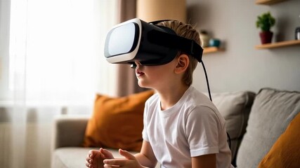 Young boy uses a virtual reality headset while sitting on a sofa at home. Immersive experience, gaming concept, dynamic video footage - Powered by Adobe