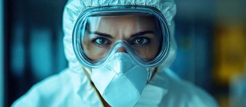 Scientist in protective gear, focused look, lab setting. Possible use medical stock image