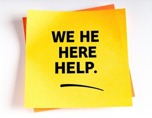 Sticky note with "WE HERE HELP." message, simple & direct