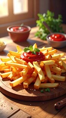 Golden fries pile with ketchup. Side dishes nearby