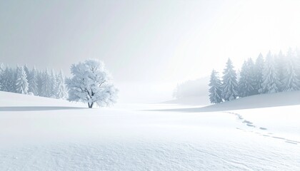 Fototapeta premium 雪原に残る足跡と一本の木｜4Kリアリスティック・ミニマリスト・コピースペース付き 
