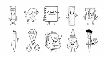 Cute School Supplies Cartoon Characters Set Black and White.