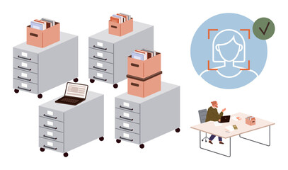 Filing cabinets with documents, laptop, facial recognition icon, professional at desk. Ideal for data storage, authentication, office workflow, organization security efficiency modern work. Simple