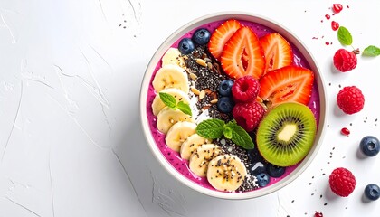 Colorful smoothie bowl with fresh fruit with chia seeds on white background, and healthy eating.