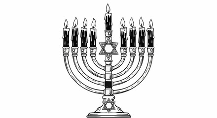 Detailed illustration of a traditional Hanukkah menorah with lit candles.