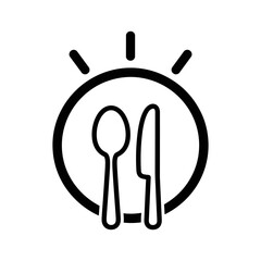 Simple line icon of a spoon and knife inside a circle with radiating lines