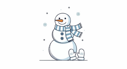Charming Snowman Illustration with Striped Scarf and Mittens in Winter Scene.