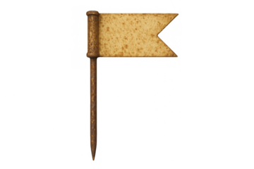 Rustic aged paper flag pin marking an old location, concept of discovery, historical journey, and vintage navigation on transparent background