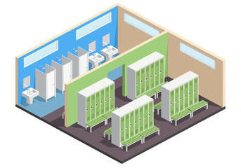 Isometric vector illustration of a gym changing room interior featuring rows of green lockers and benches, connected to a blue restroom area with private shower stalls and washbasins