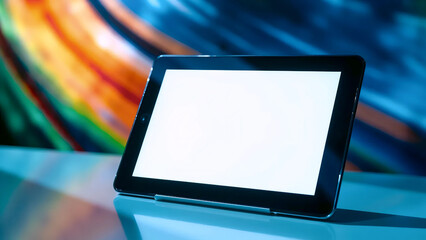 Digital Tablet with Blank White Screen, Modern Touchscreen Device on Reflective Surface, Tech Gadget for Content Display
