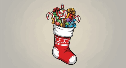 Christmas stocking illustration filled with assorted holiday candy.