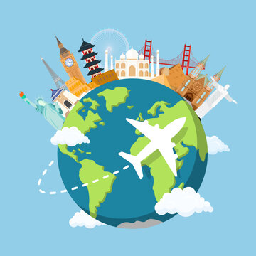 travel around the world holiday aircraft plane round globe world building icon vector illustration