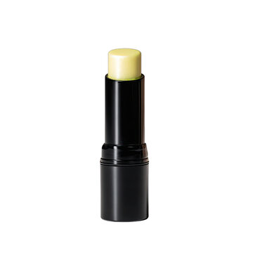 Yellow balm stick in black tube, shown vertically