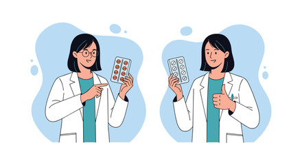 Illustration of two doctors holding blister packs of medication and offering advice.
