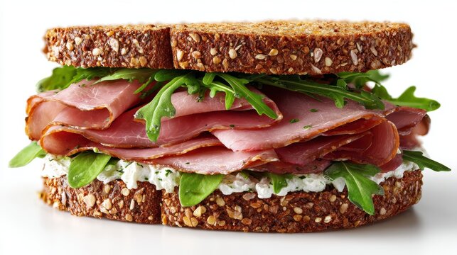 a sandwich with cream cheese and arugula