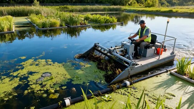 Medium shot presenting a combination of ecofriendly techniques in reservoir maintenance emphasizing integrated nonchemical biological and mechanical methods.