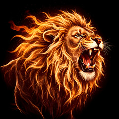 Naklejka premium Fierce Roaring Lion Head Made of Fire and Flames - Abstract Digital Art Isolated on Black Background