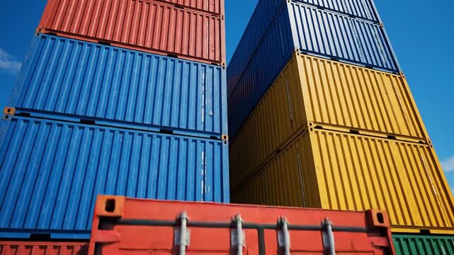 Colorful shipping containers stacked high at a port terminal under a clear blue sky.