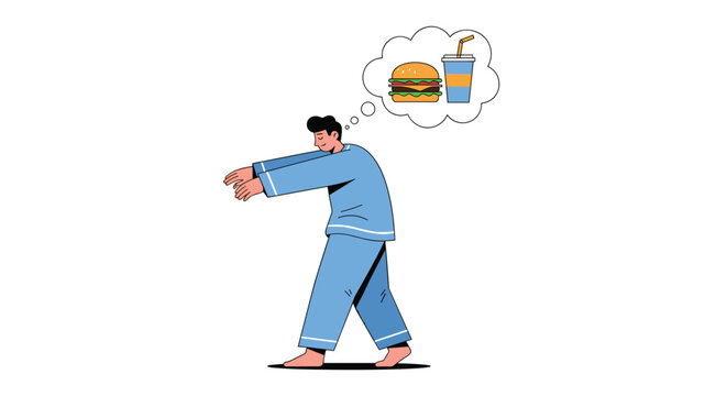 A person in pajamas sleepwalks while dreaming of a burger and drink.