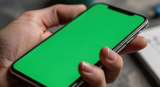 Smartphone Green Screen Close-up: Close-up of a Hand Holding a Modern Smartphone with a Blank Green Screen Against a Dark Background for App and Technology Mockup