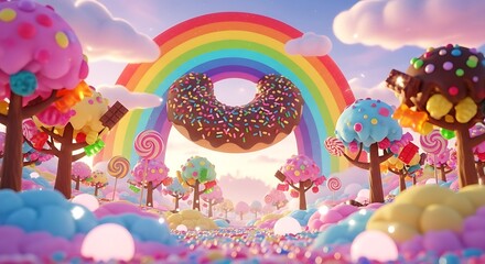 Vibrant 3D candy land fantasy landscape with a giant chocolate-sprinkled donut hovering under a rainbow, surrounded by lollipop trees and fluffy clouds—a sweet, playful dreamscape.