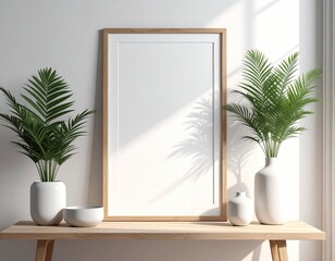 Blank frame mockup, plants, vases on a wooden table