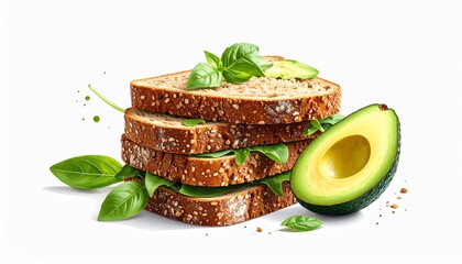 Delicious Avocado Basil Sandwich on Whole Wheat Bread with Healthy Meal.