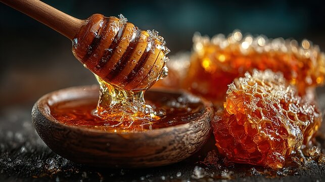 Honey dripping from wooden dipper into bowl with honeycomb pieces on dark surface.