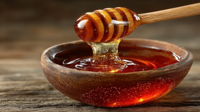 Honey dripping from wooden dipper into bowl on rustic wooden surface. - Powered by Adobe